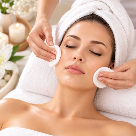 Esthetician cleansing a guest's skin with soft cotton pads