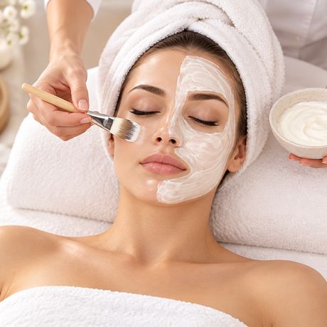 Esthetician brushing a cream mask across a guest's face