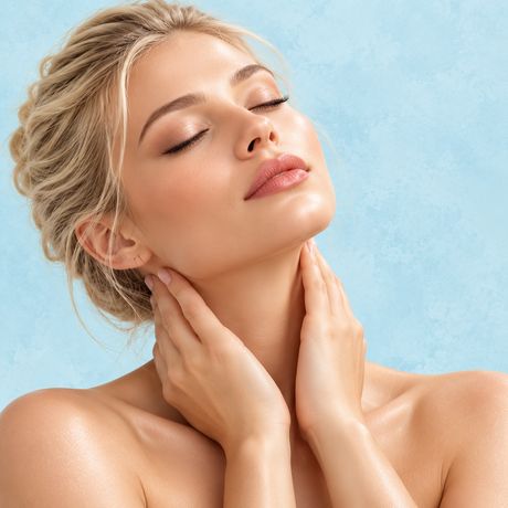 Guest touching her neck and collarbone after a facial